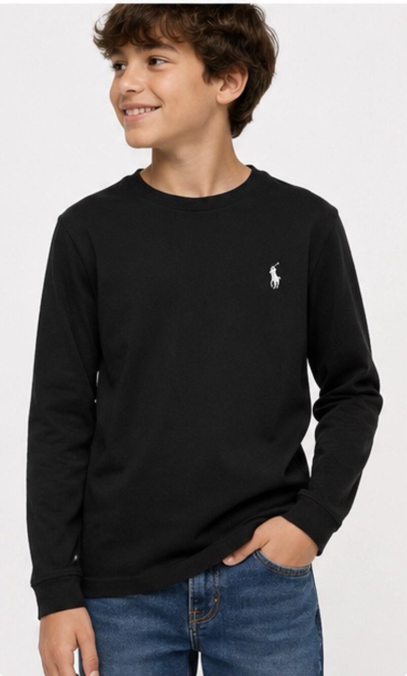 Polo Ralph Lauren Boys L 14-16 Black Long Sleeve Shirt White Pony Logo